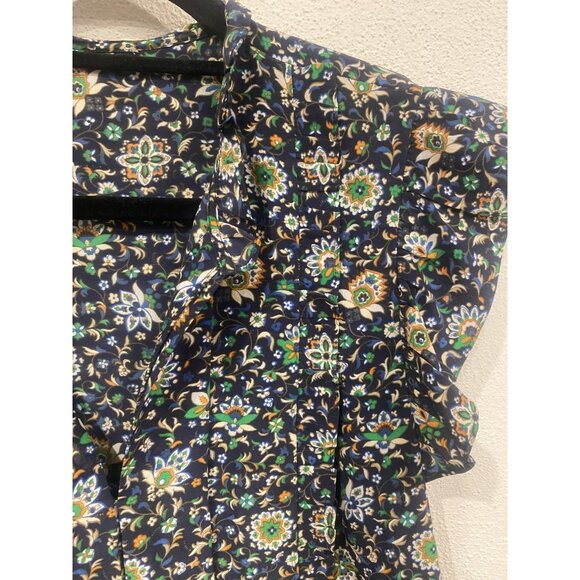 Tory Burch Shirt Womens Size Small Blue Multicolor Floral Ruffle Flutter Sleeve - Picture 3 of 5